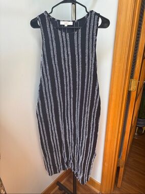 LOFT Black and White Vertical Stripe Midi Dress